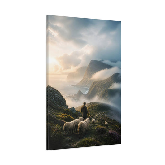 Main Mockup. Nature Shepherd Sheep Shepherd Mountains shown as stretched canvas wall art