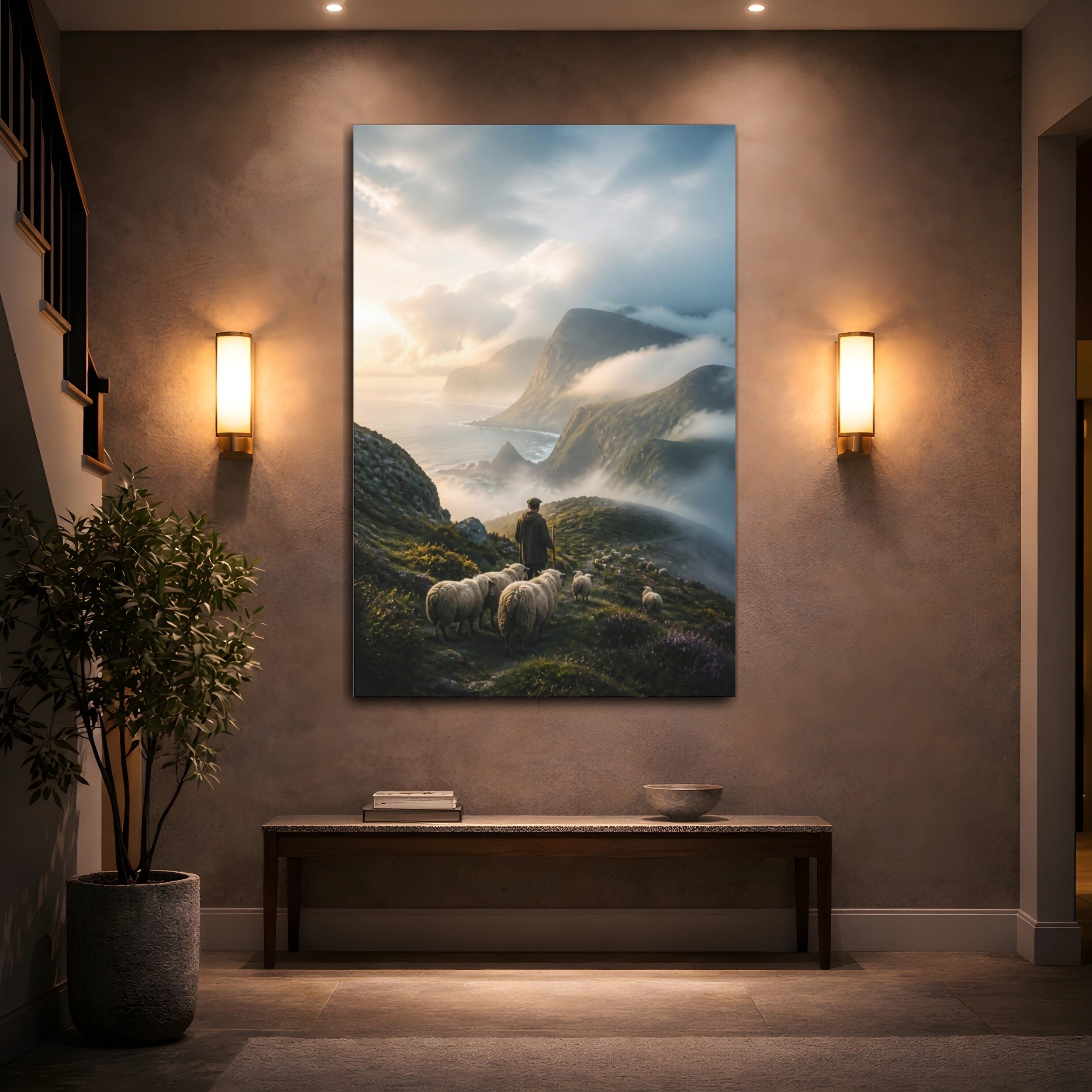 Mockup 2. Nature Shepherd Sheep Shepherd Mountains shown as stretched canvas wall art