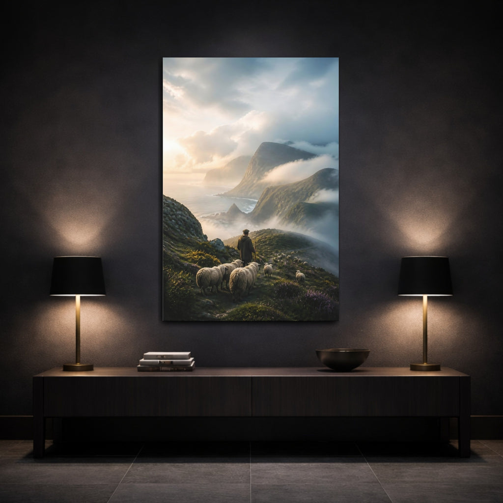 Mockup 3. Nature Shepherd Sheep Shepherd Mountains shown as stretched canvas wall art