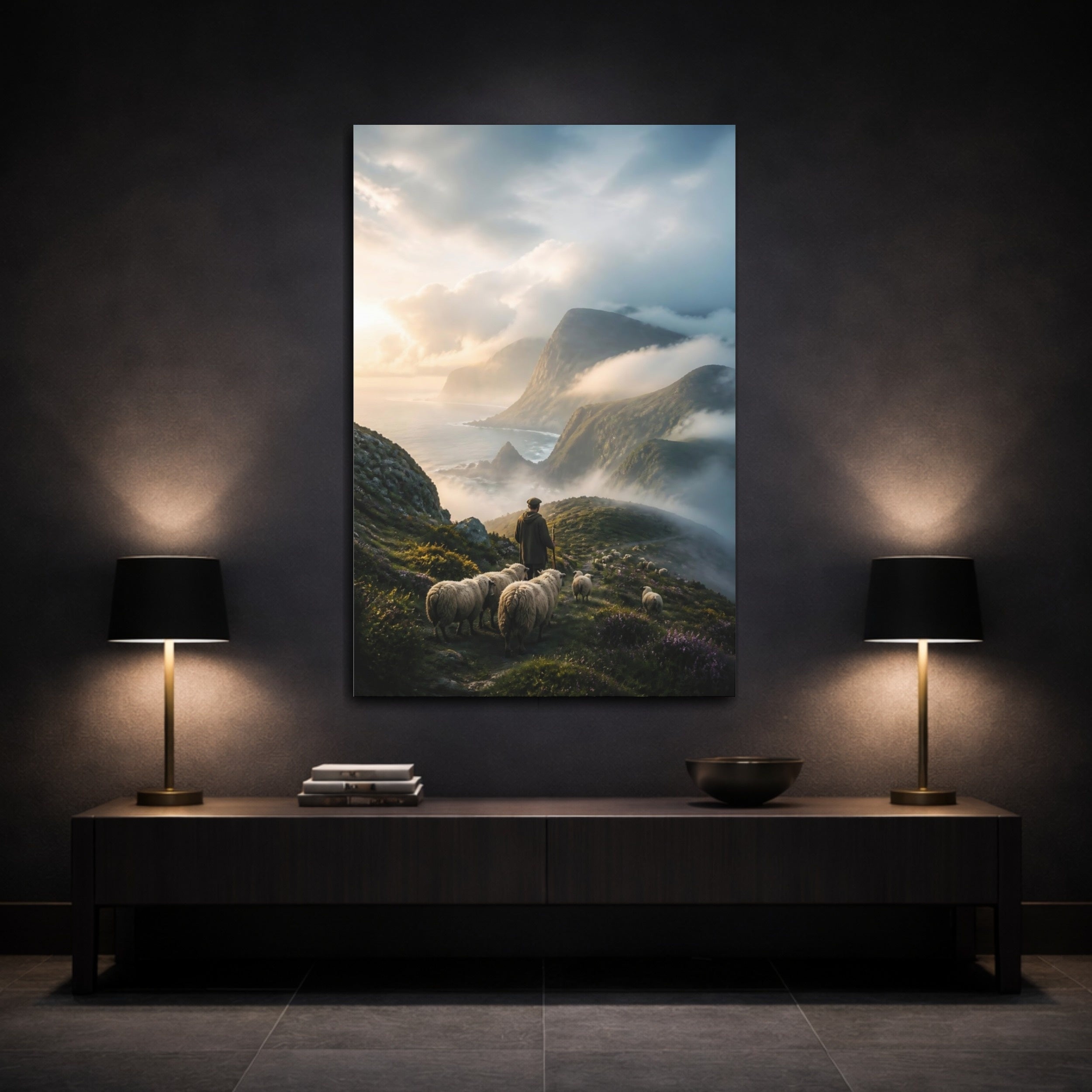 Mockup 3. Nature Shepherd Sheep Shepherd Mountains shown as stretched canvas wall art