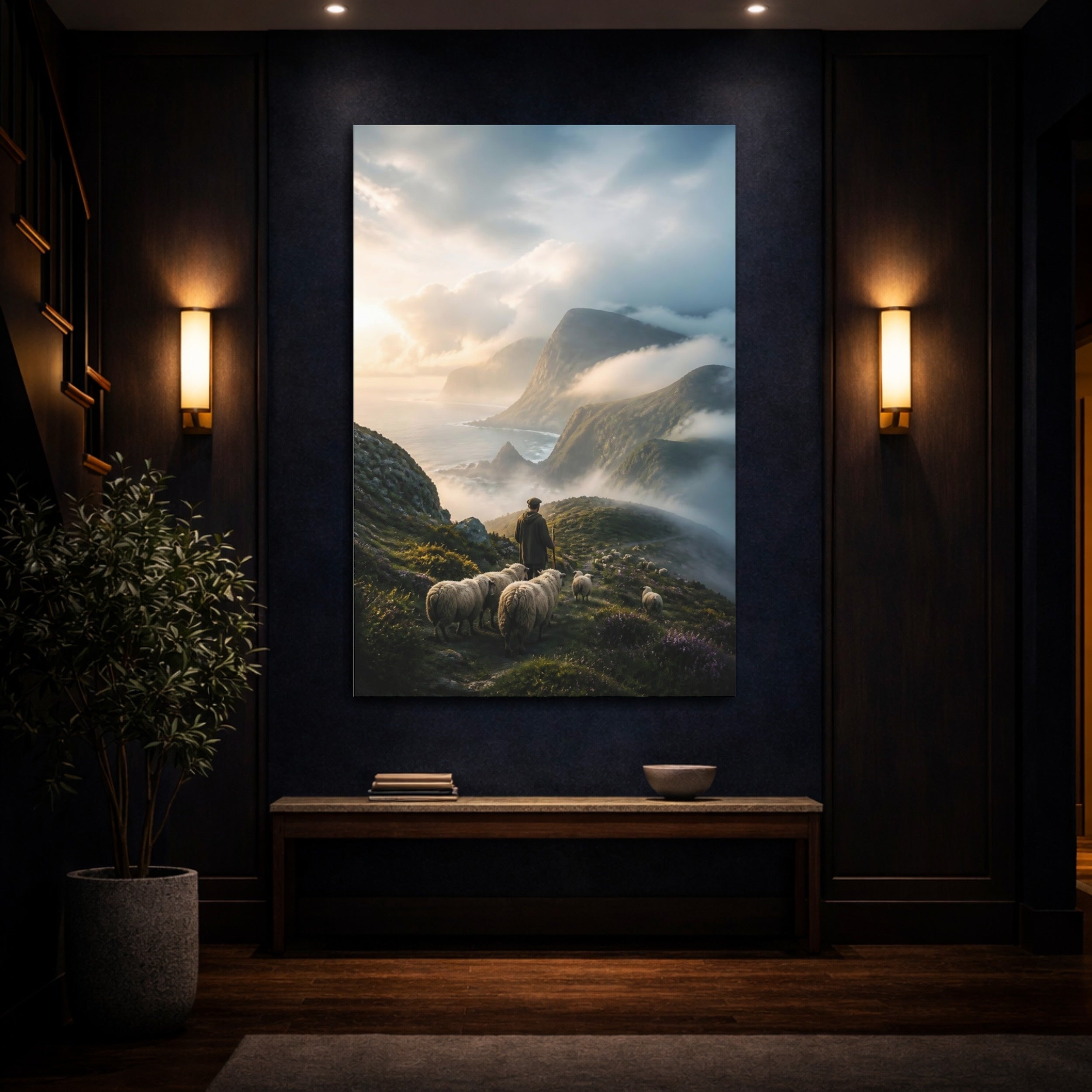 Mockup 4. Nature Shepherd Sheep Shepherd Mountains shown as stretched canvas wall art