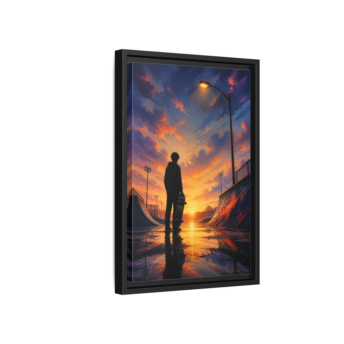 Side Mockup 6. Nature Skateboarder Orange Blue Sunset shown as framed canvas print