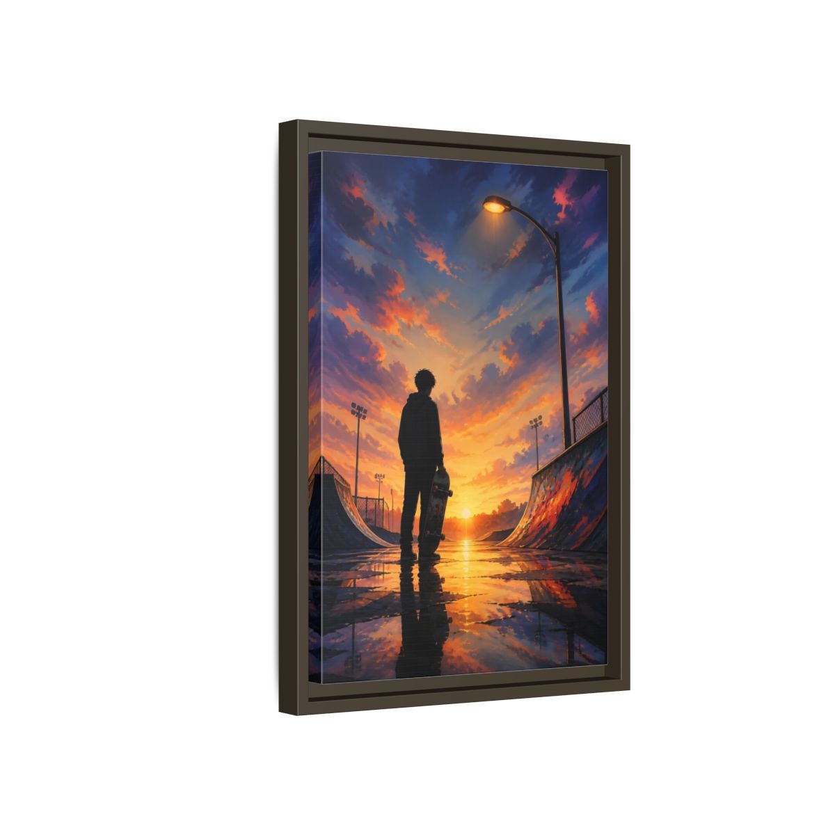 Side Mockup 5. Nature Skateboarder Orange Blue Sunset shown as framed canvas print