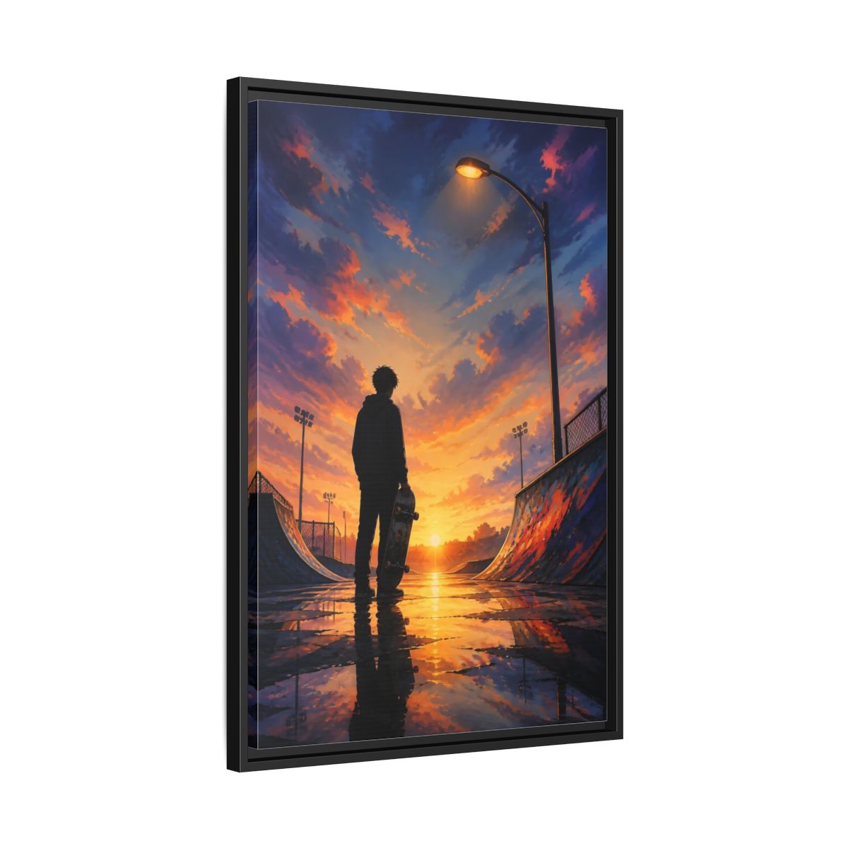 Side Mockup 14. Nature Skateboarder Orange Blue Sunset shown as framed canvas print