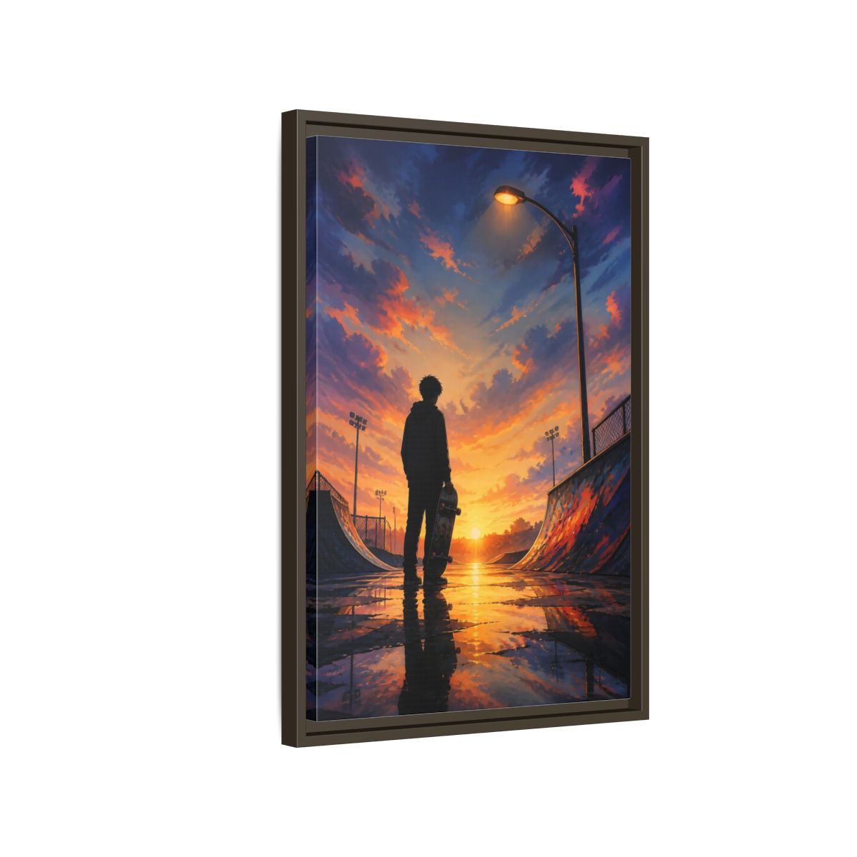 Side Mockup 2. Nature Skateboarder Orange Blue Sunset shown as framed canvas print