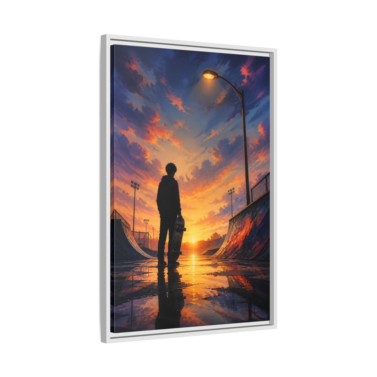 Side Mockup 10. Nature Skateboarder Orange Blue Sunset shown as framed canvas print