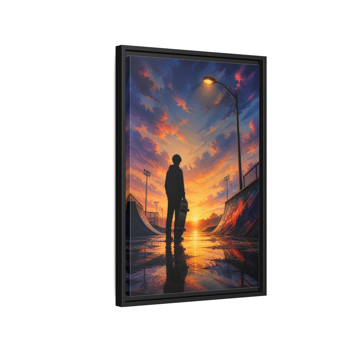 Side Mockup 3. Nature Skateboarder Orange Blue Sunset shown as framed canvas print