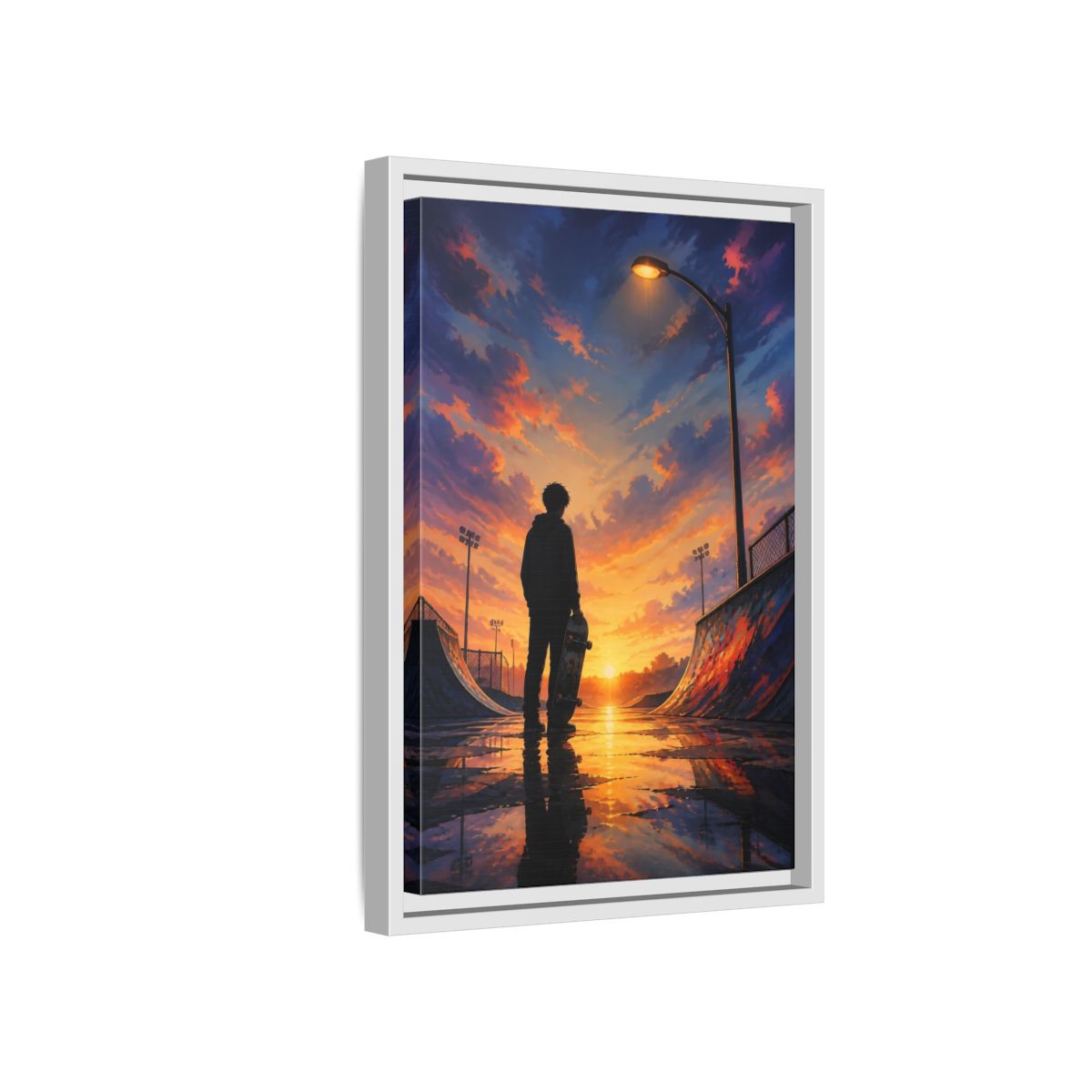 Side Mockup 4. Nature Skateboarder Orange Blue Sunset shown as framed canvas print
