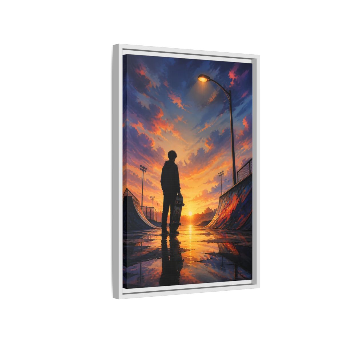 Side Mockup 1. Nature Skateboarder Orange Blue Sunset shown as framed canvas print