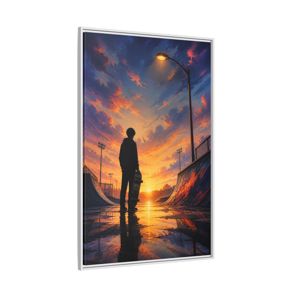 Side Mockup 7. Nature Skateboarder Orange Blue Sunset shown as framed canvas print