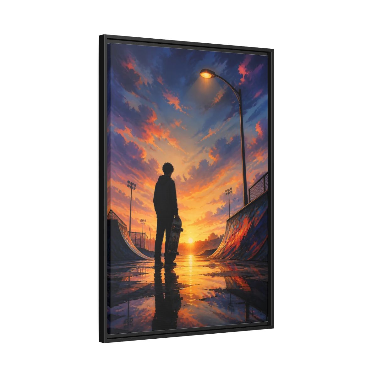 Side Mockup 13. Nature Skateboarder Orange Blue Sunset shown as framed canvas print