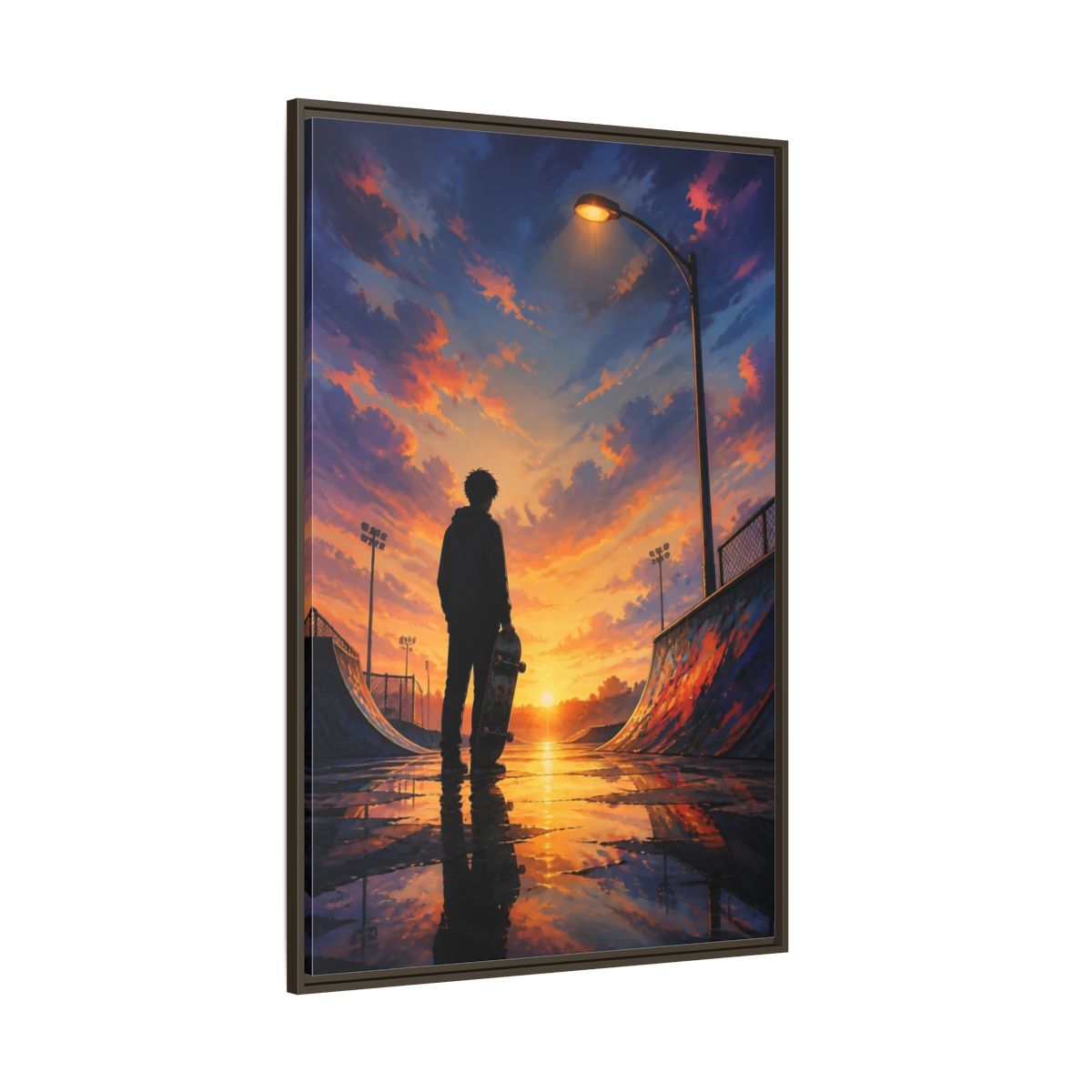 Side Mockup 8. Nature Skateboarder Orange Blue Sunset shown as framed canvas print