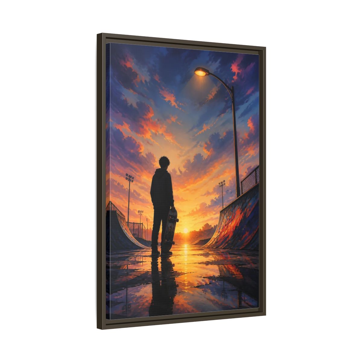 Side Mockup 11. Nature Skateboarder Orange Blue Sunset shown as framed canvas print