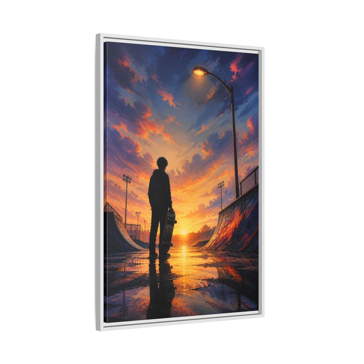 Side Mockup 9. Nature Skateboarder Orange Blue Sunset shown as framed canvas print