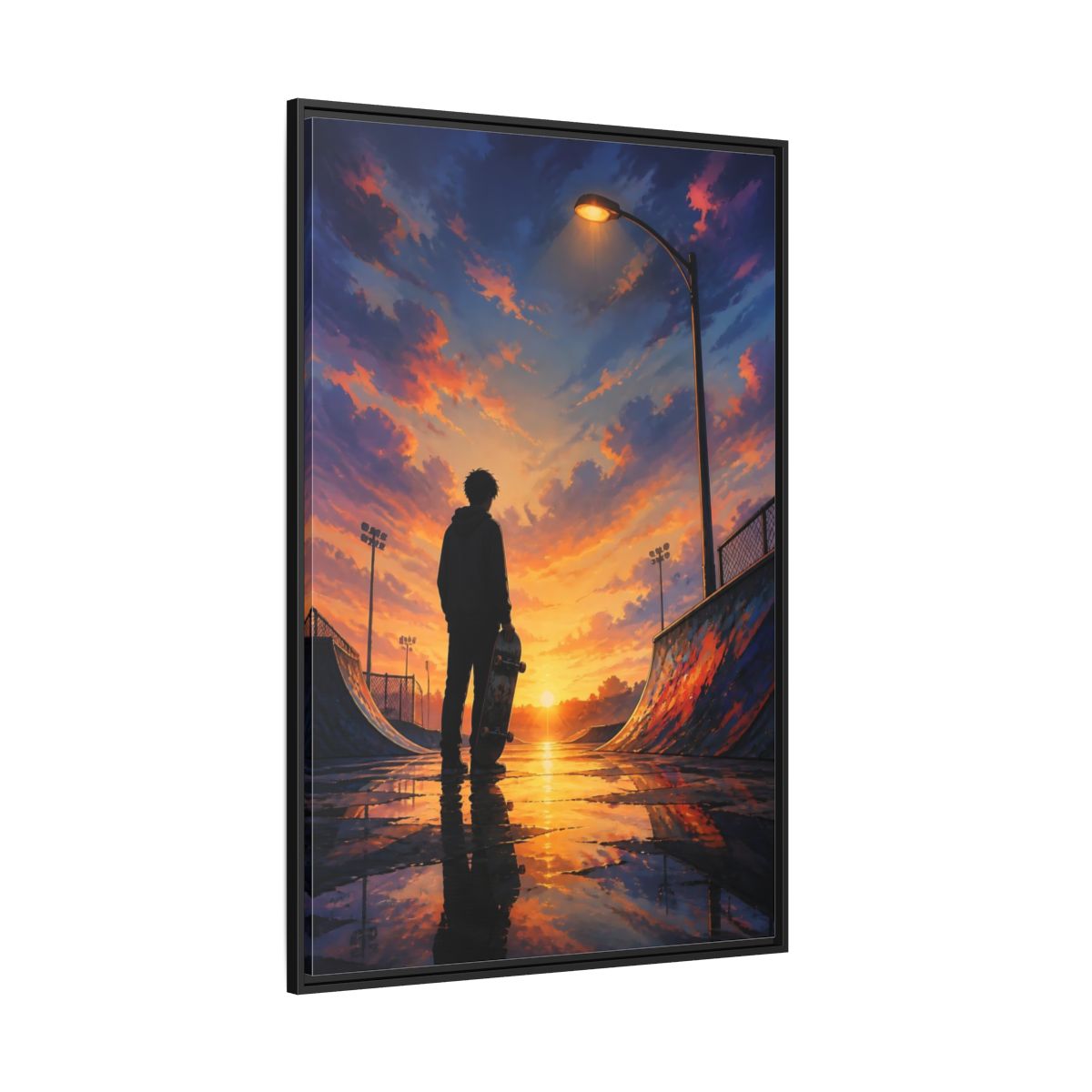 Side Mockup 12. Nature Skateboarder Orange Blue Sunset shown as framed canvas print