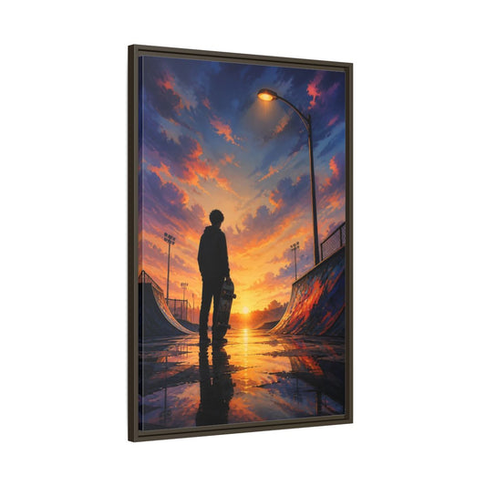 Main Mockup. Nature Skateboarder Orange Blue Sunset shown as framed canvas print