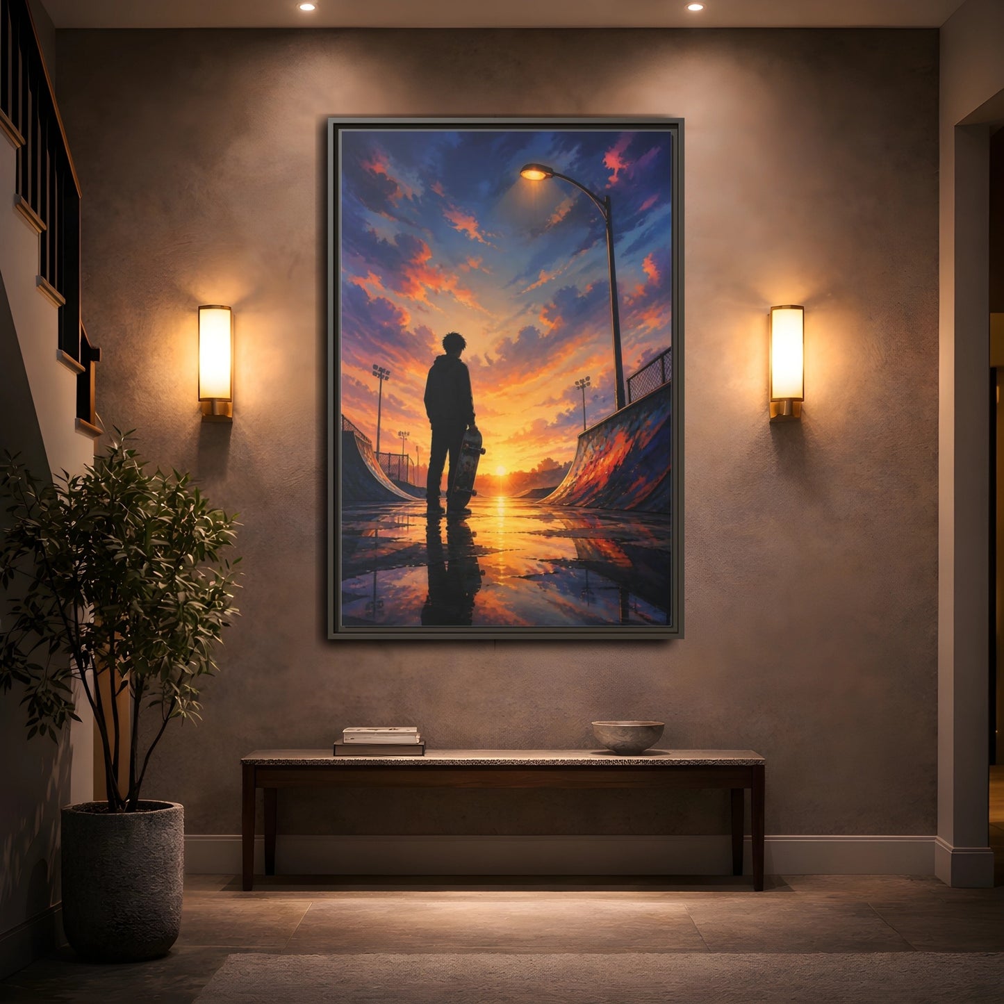 Mockup 2. Nature Skateboarder Orange Blue Sunset shown as framed canvas print