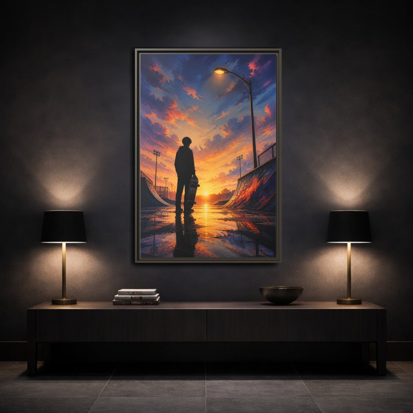 Mockup 3. Nature Skateboarder Orange Blue Sunset shown as framed canvas print