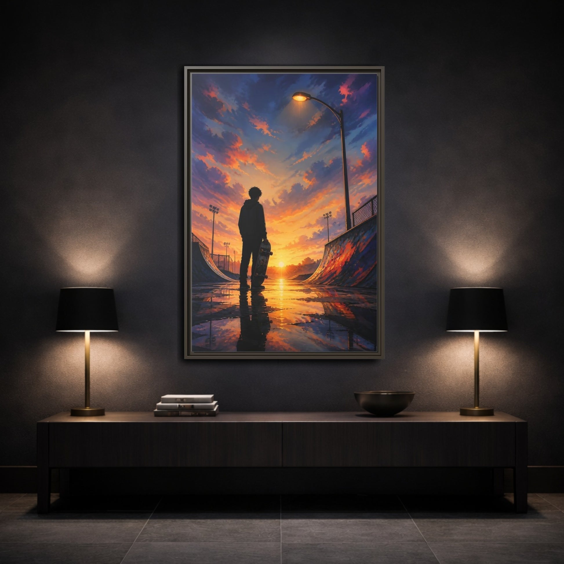 Mockup 3. Nature Skateboarder Orange Blue Sunset shown as framed canvas print