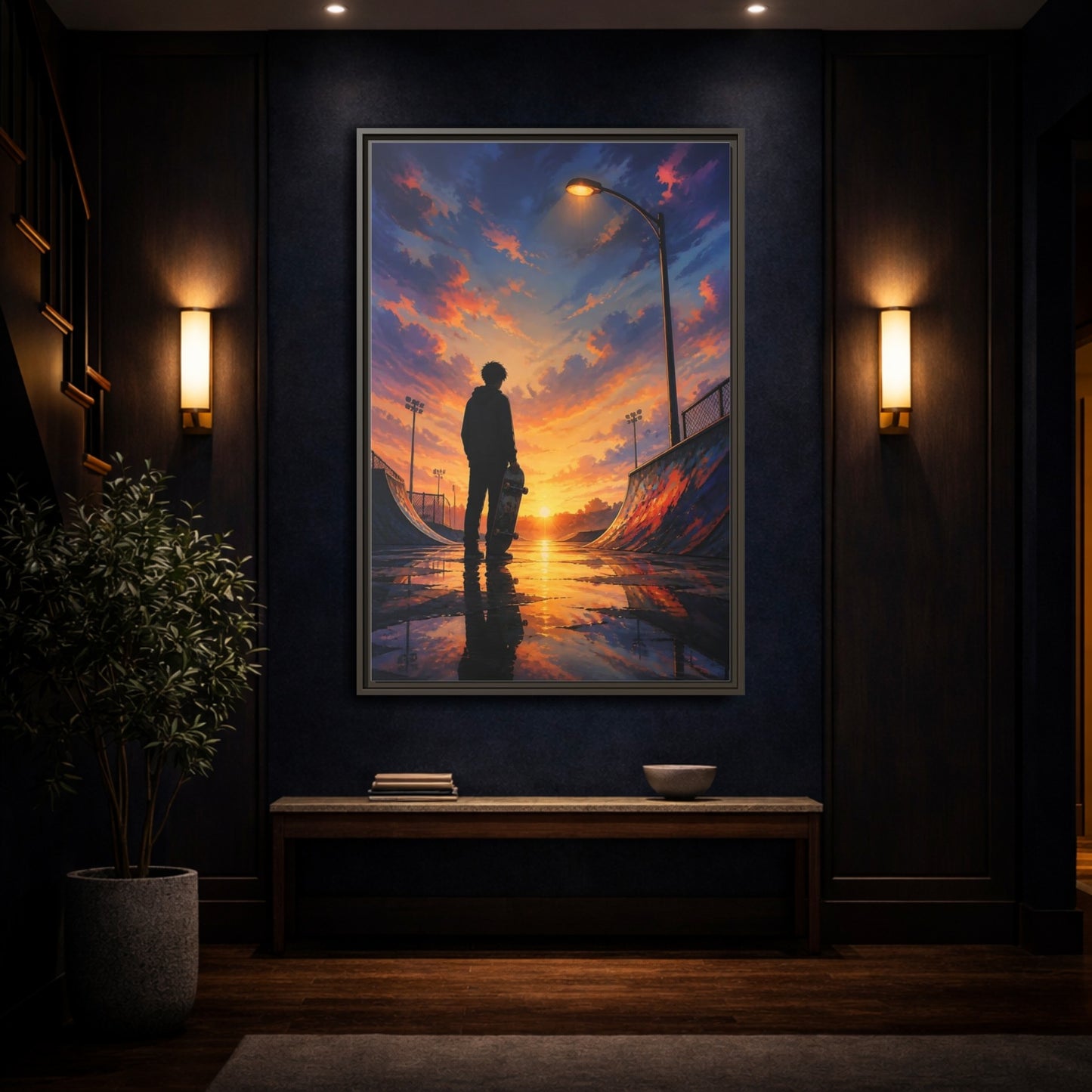 Mockup 4. Nature Skateboarder Orange Blue Sunset shown as framed canvas print