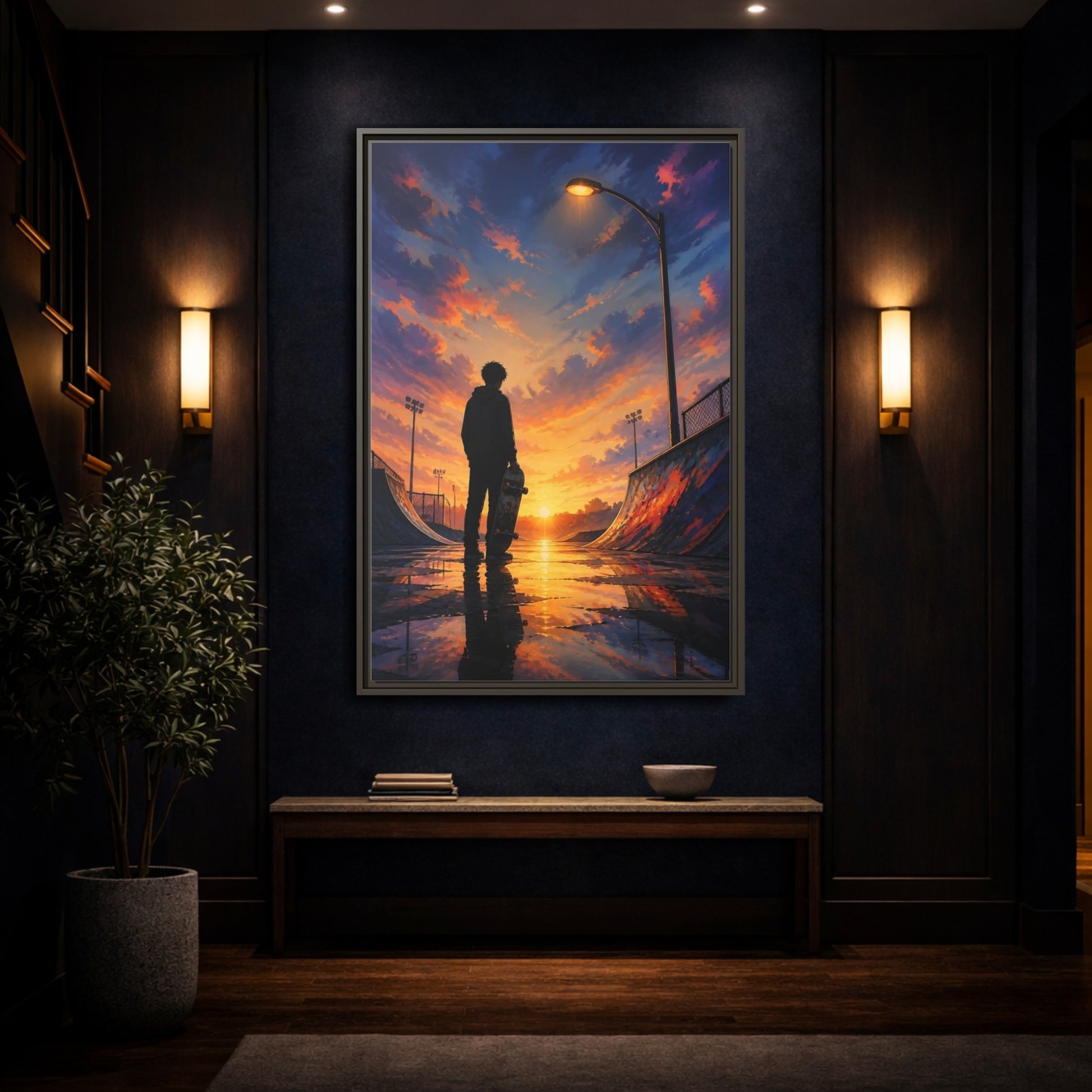 Mockup 4. Nature Skateboarder Orange Blue Sunset shown as framed canvas print