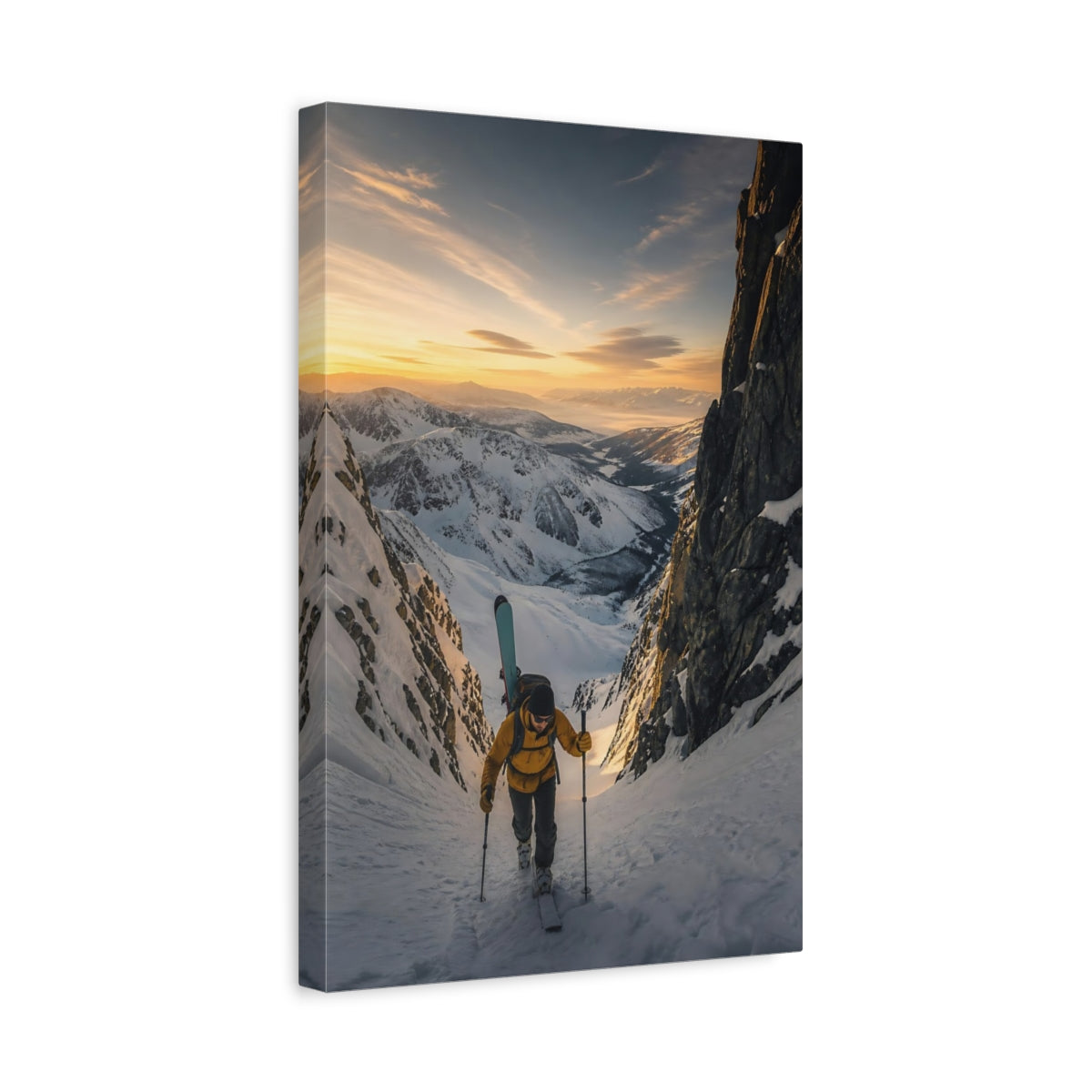 Side Mockup 4. Nature Ski Mountaineer Golden Winter Mountains shown as canvas print