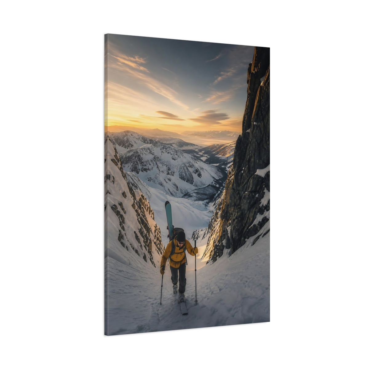 Side Mockup 1. Nature Ski Mountaineer Golden Winter Mountains shown as canvas print
