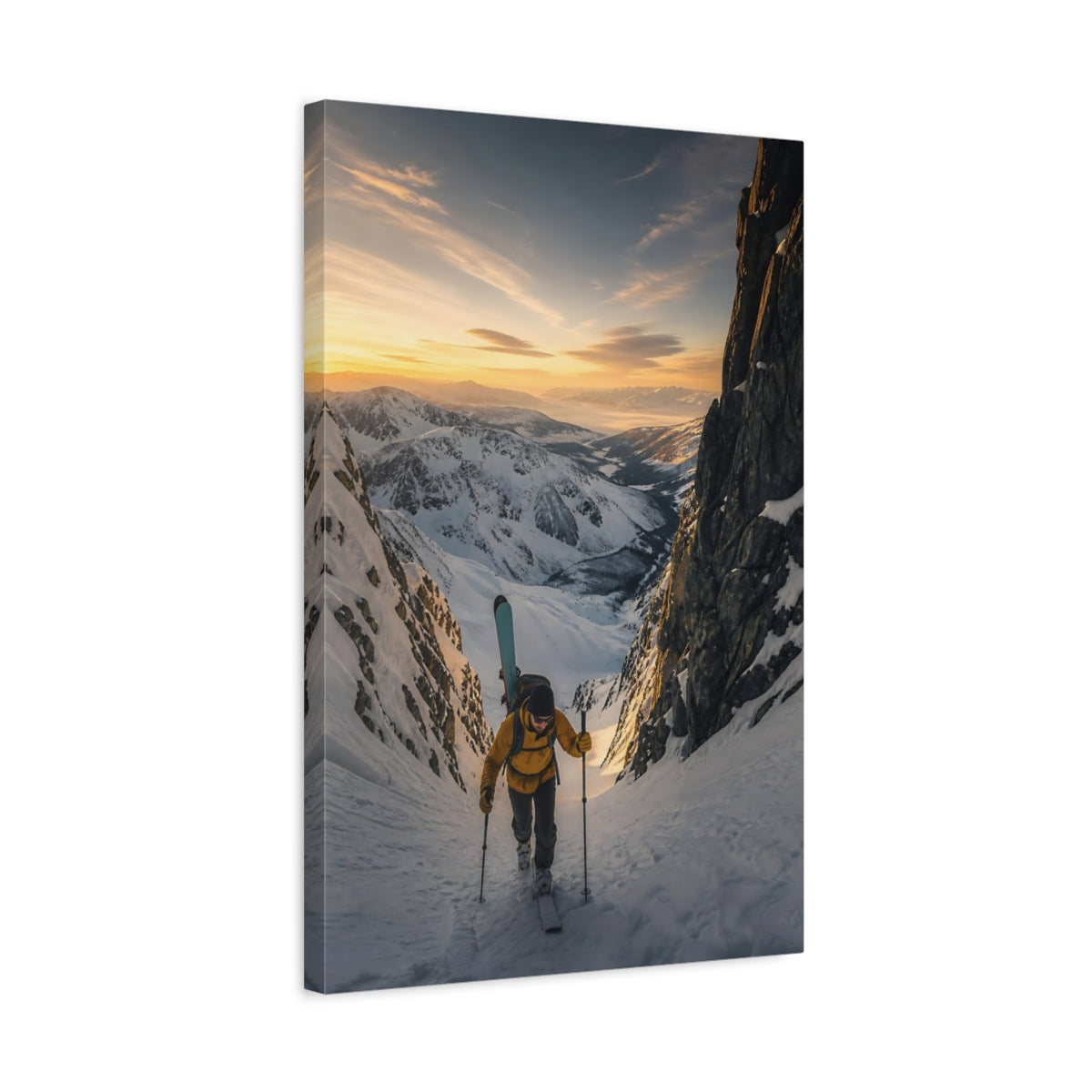 Side Mockup 3. Nature Ski Mountaineer Golden Winter Mountains shown as canvas print