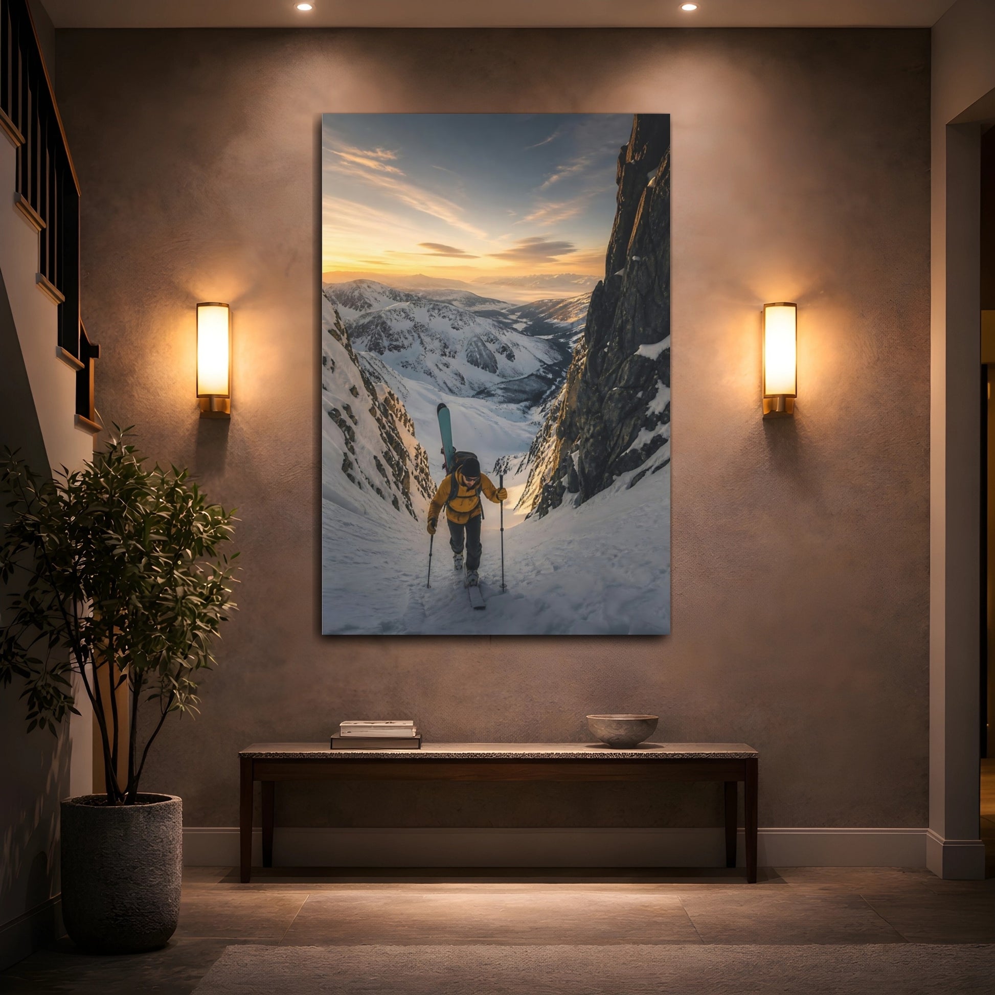 Mockup 2. Nature Ski Mountaineer Golden Winter Mountains shown as canvas print