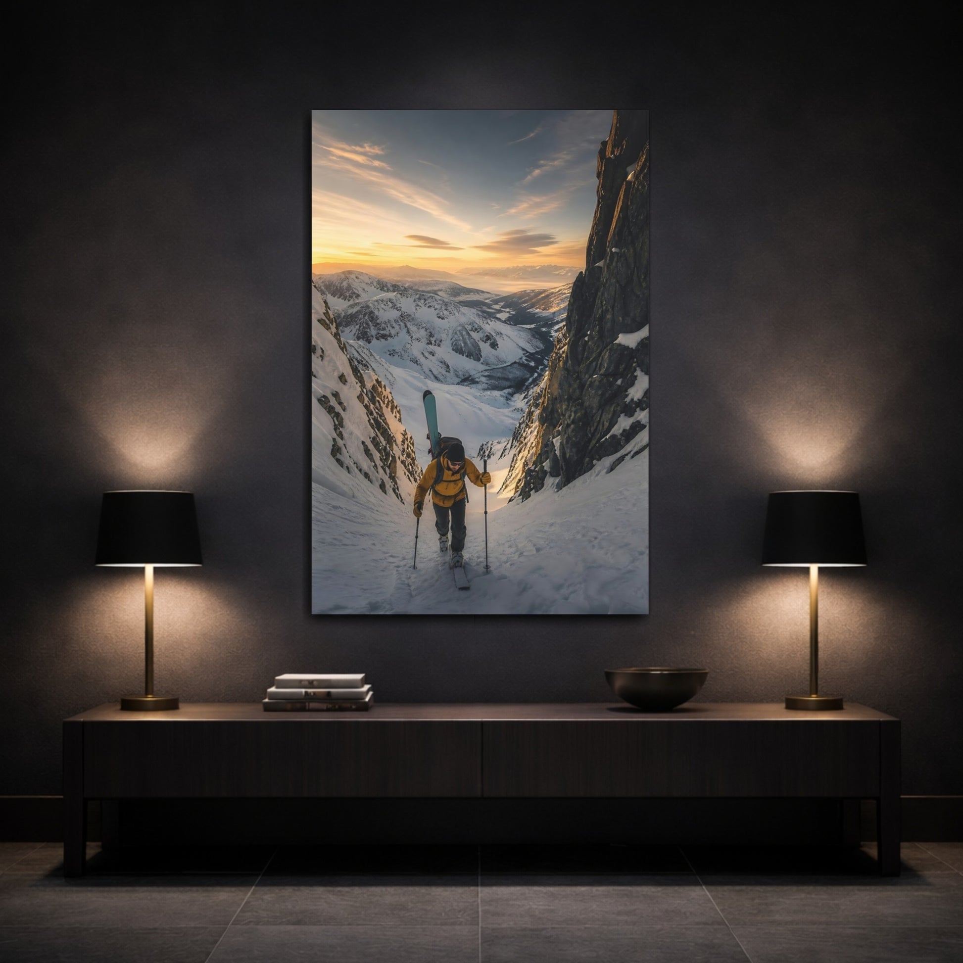 Mockup 3. Nature Ski Mountaineer Golden Winter Mountains shown as canvas print