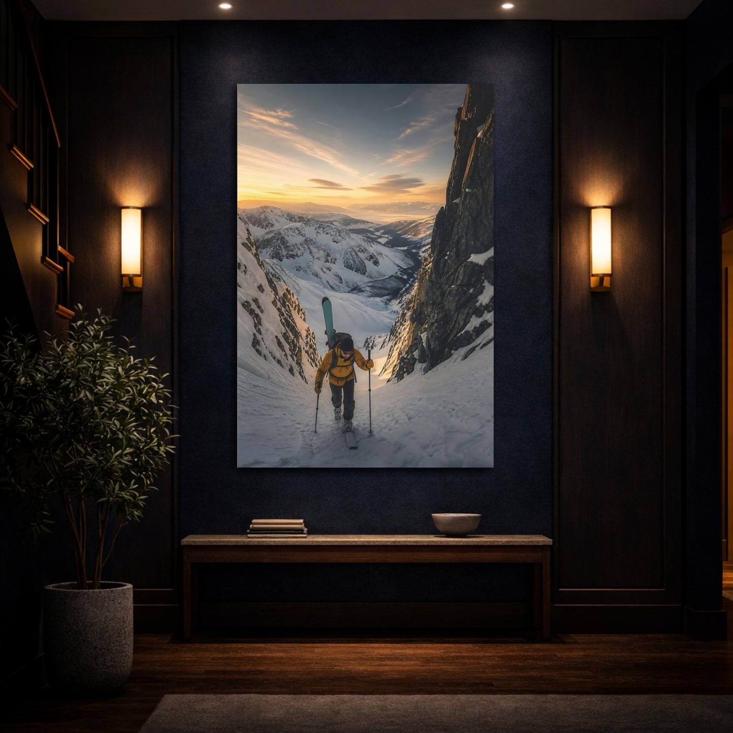 Mockup 4. Nature Ski Mountaineer Golden Winter Mountains shown as canvas print