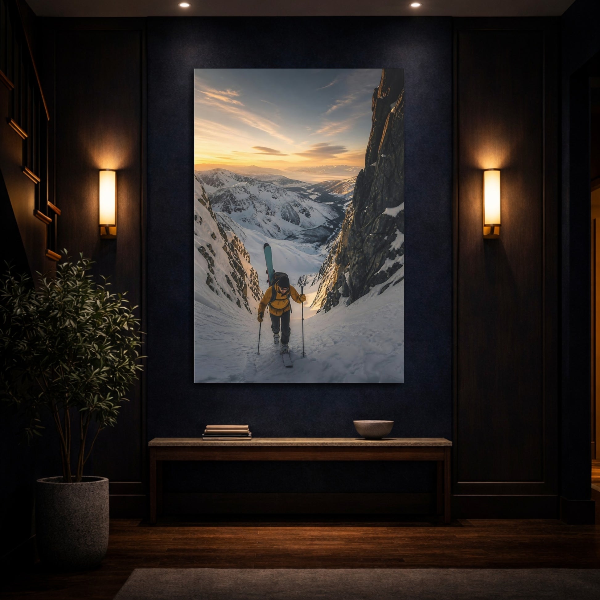 Mockup 4. Nature Ski Mountaineer Golden Winter Mountains shown as canvas print