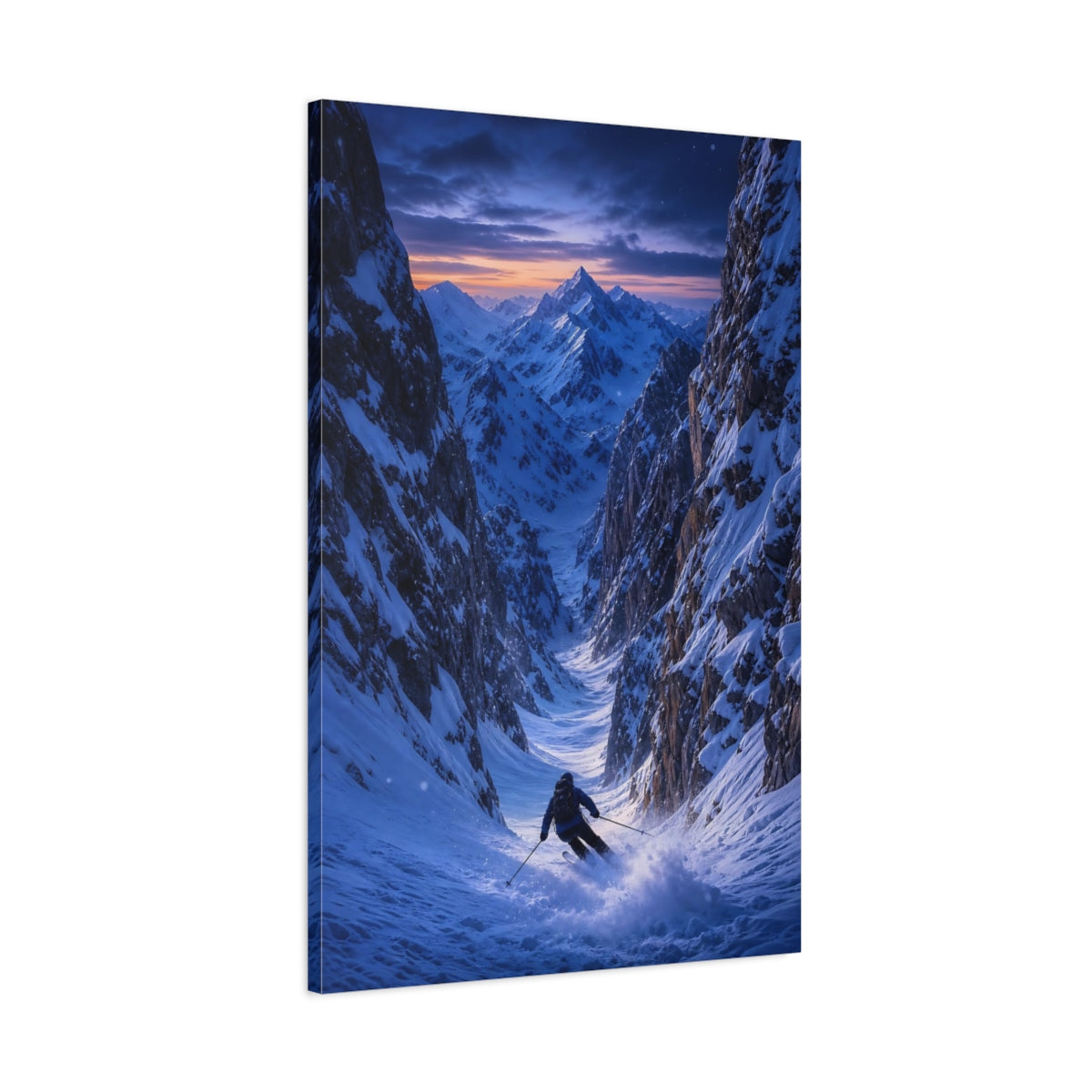 Main Mockup. Nature Skier Blue And Orange shown as stretched canvas wall art