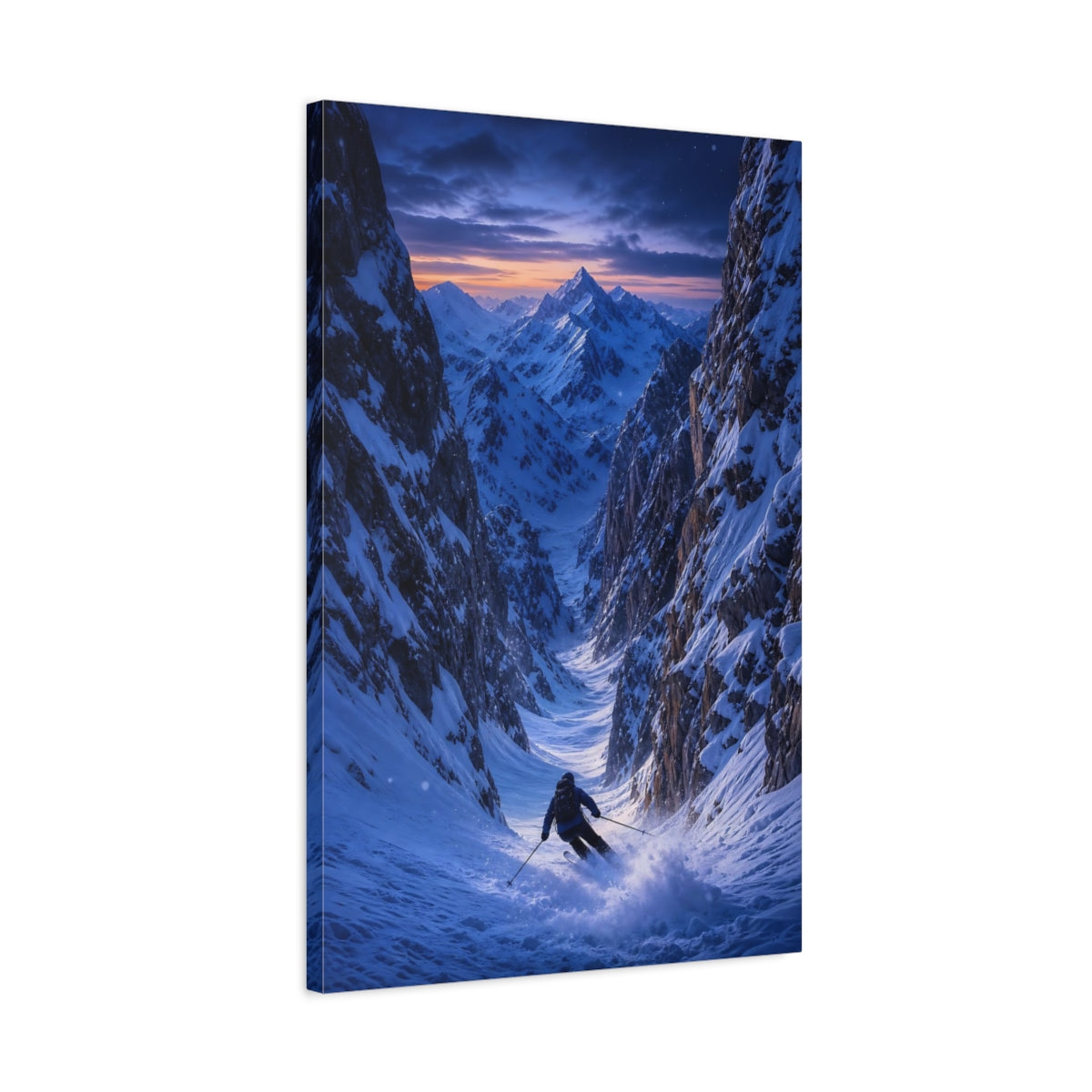 Side Mockup 2. Nature Skier Blue And Orange shown as stretched canvas wall art