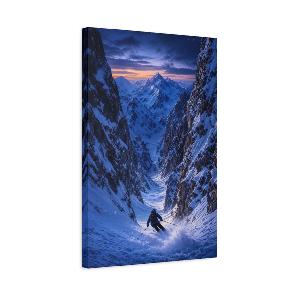 Side Mockup 3. Nature Skier Blue And Orange shown as stretched canvas wall art