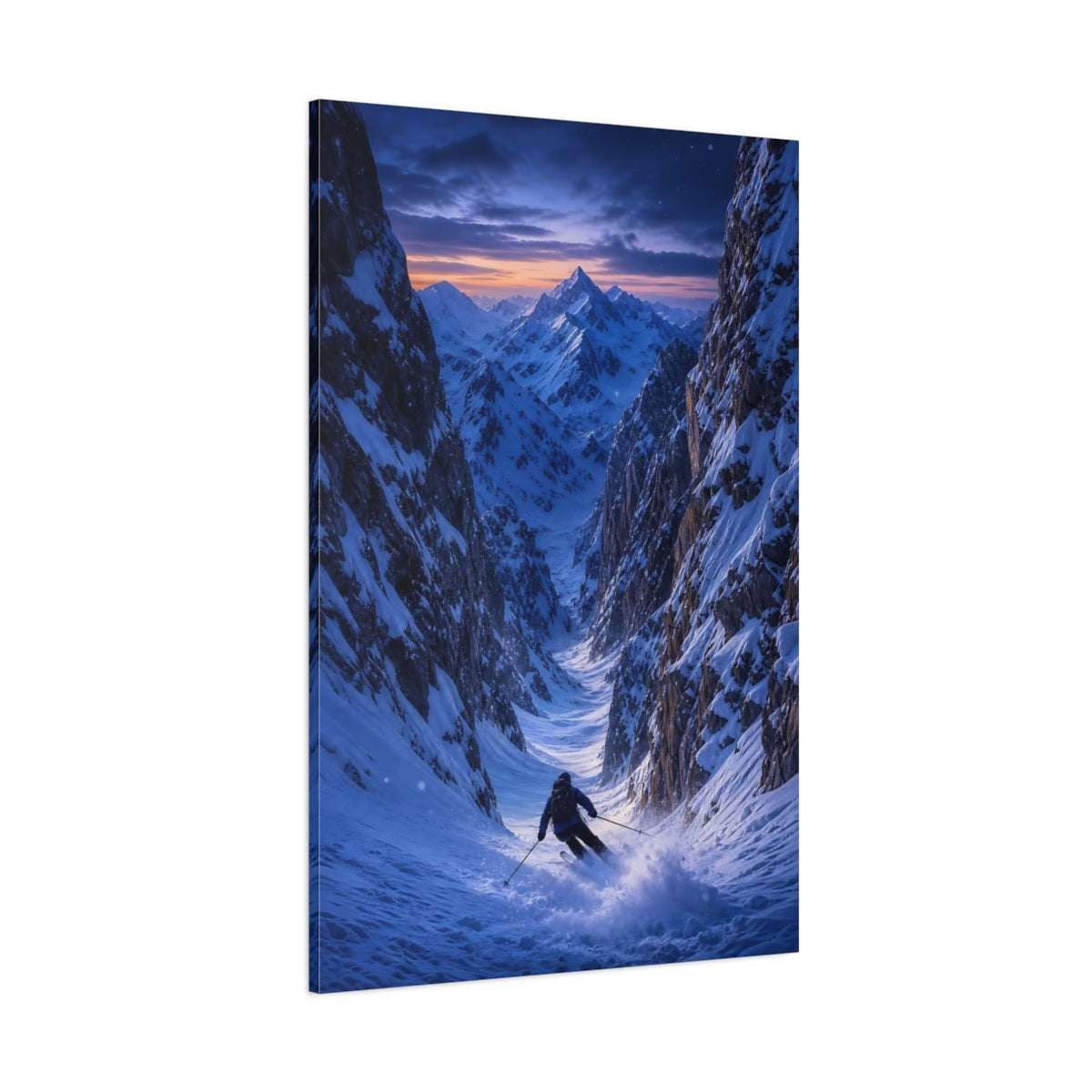 Side Mockup 1. Nature Skier Blue And Orange shown as stretched canvas wall art