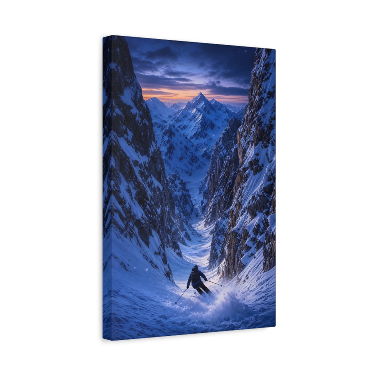 Side Mockup 4. Nature Skier Blue And Orange shown as stretched canvas wall art
