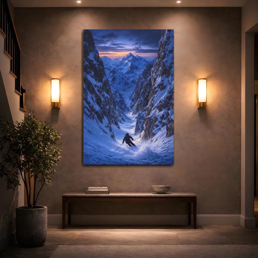 Mockup 2. Nature Skier Blue And Orange shown as stretched canvas wall art