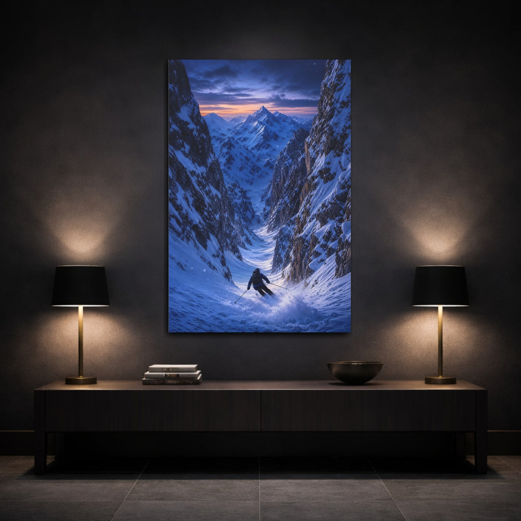 Mockup 3. Nature Skier Blue And Orange shown as stretched canvas wall art