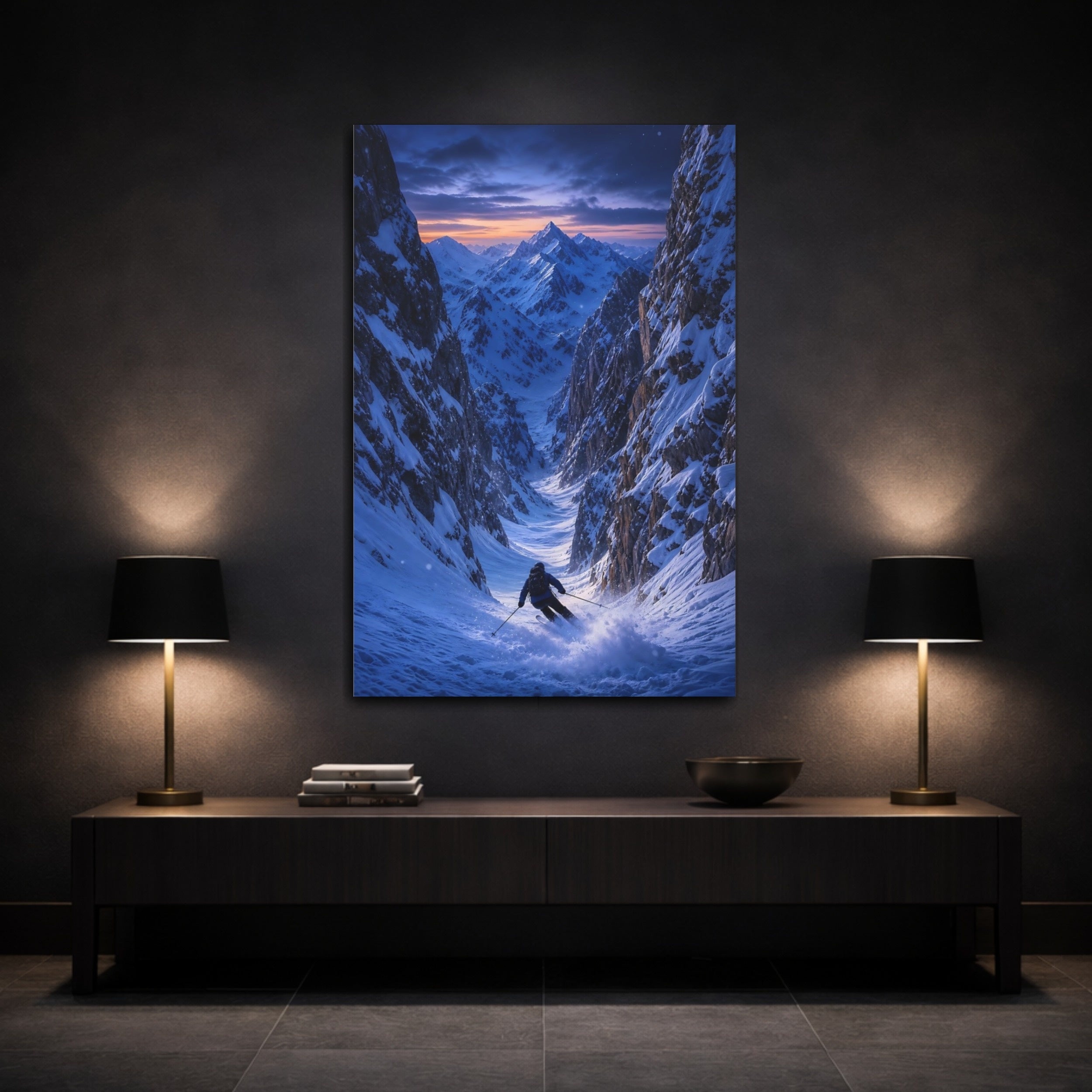 Mockup 3. Nature Skier Blue And Orange shown as stretched canvas wall art