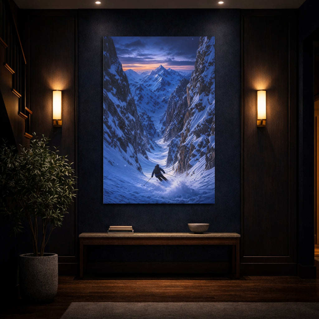 Mockup 4. Nature Skier Blue And Orange shown as stretched canvas wall art