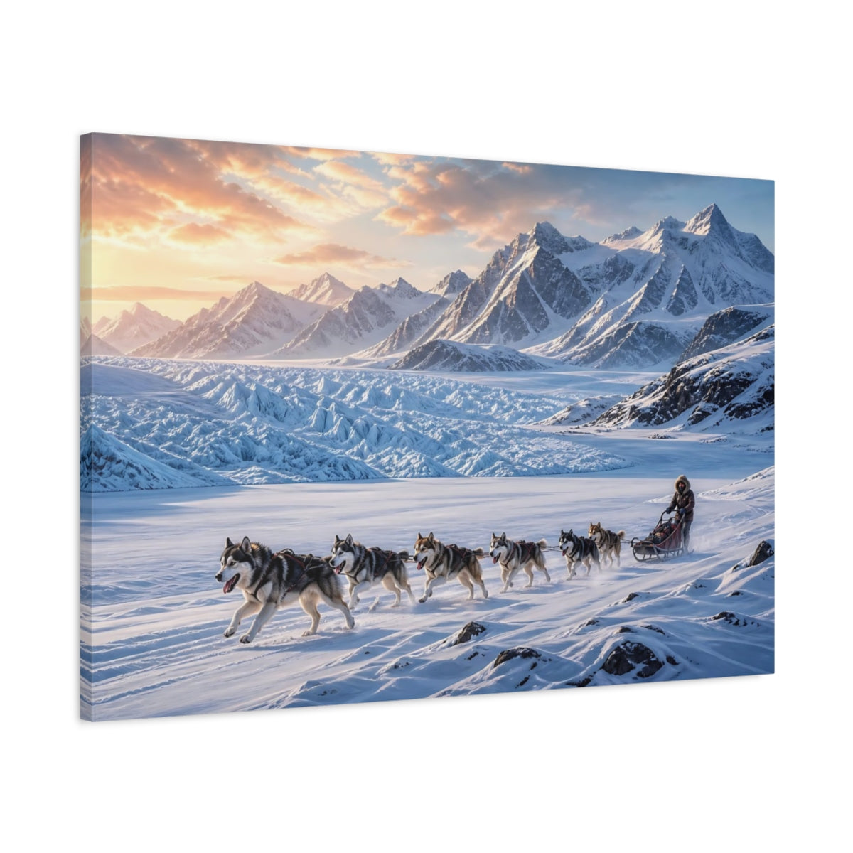 Main Mockup. Nature Sled Dogs Blue And Orange shown as stretched canvas wall art