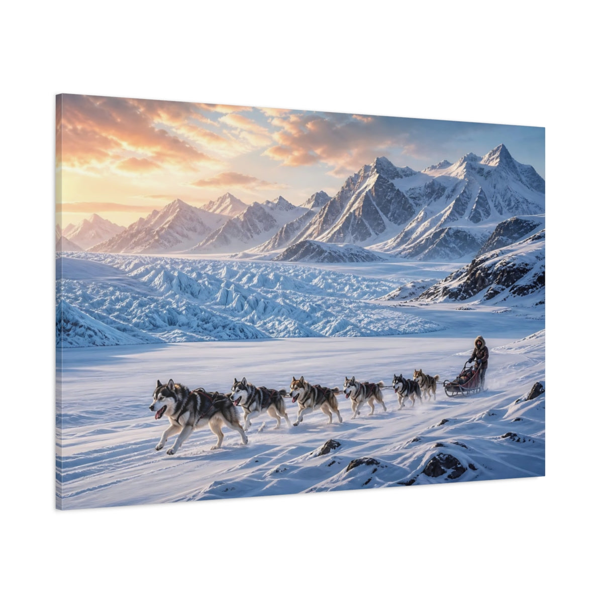 Side Mockup 1. Nature Sled Dogs Blue And Orange shown as stretched canvas wall art