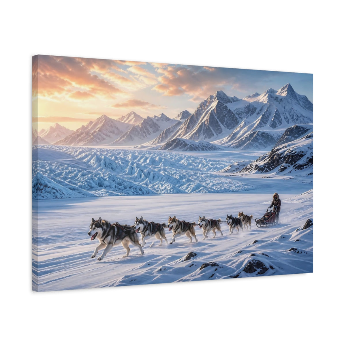 Side Mockup 2. Nature Sled Dogs Blue And Orange shown as stretched canvas wall art