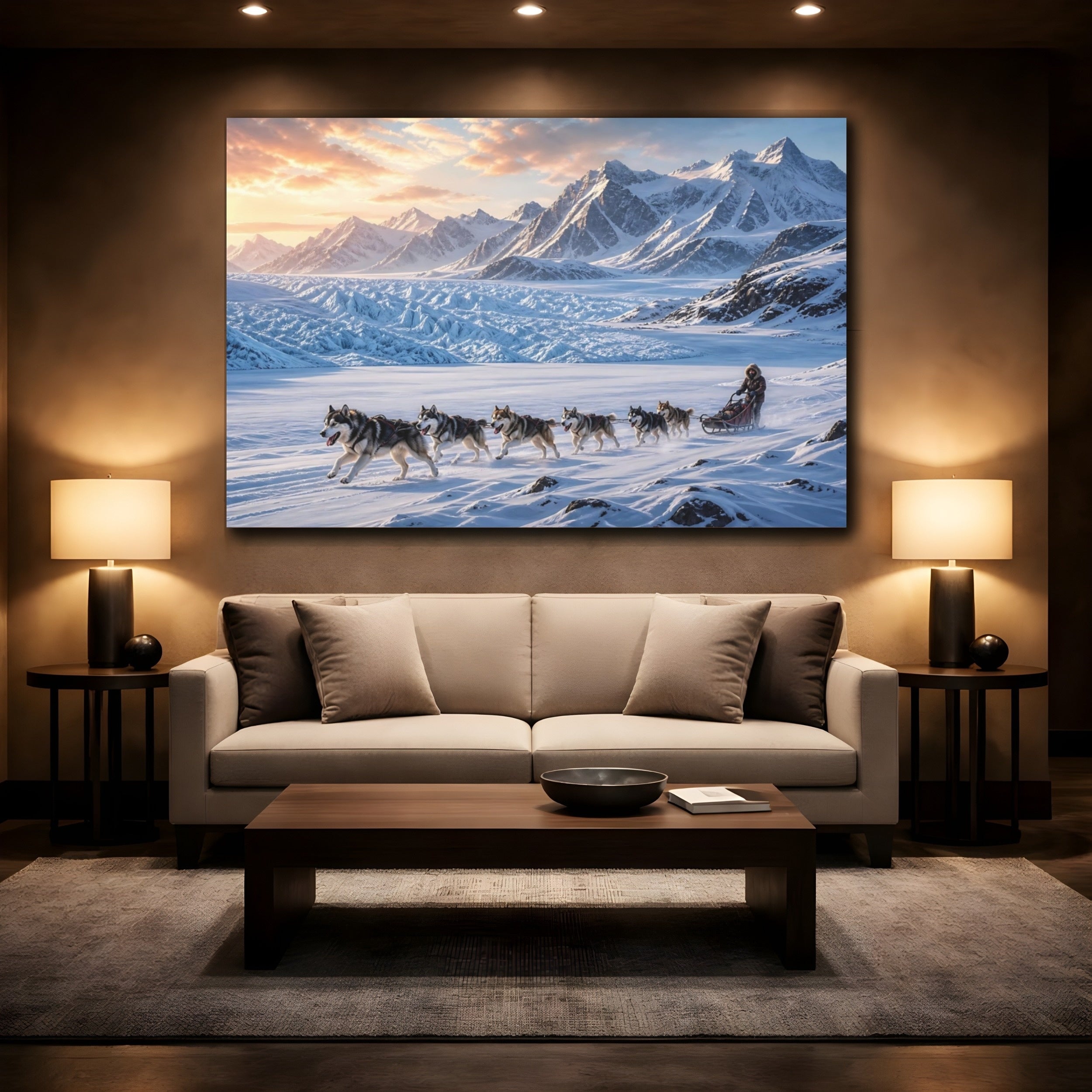 Mockup 2. Nature Sled Dogs Blue And Orange shown as stretched canvas wall art