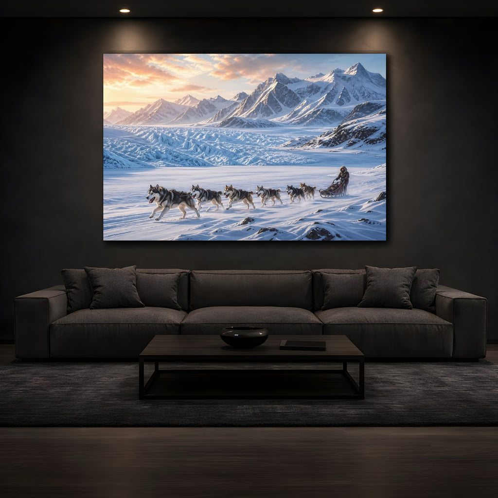 Mockup 3. Nature Sled Dogs Blue And Orange shown as stretched canvas wall art