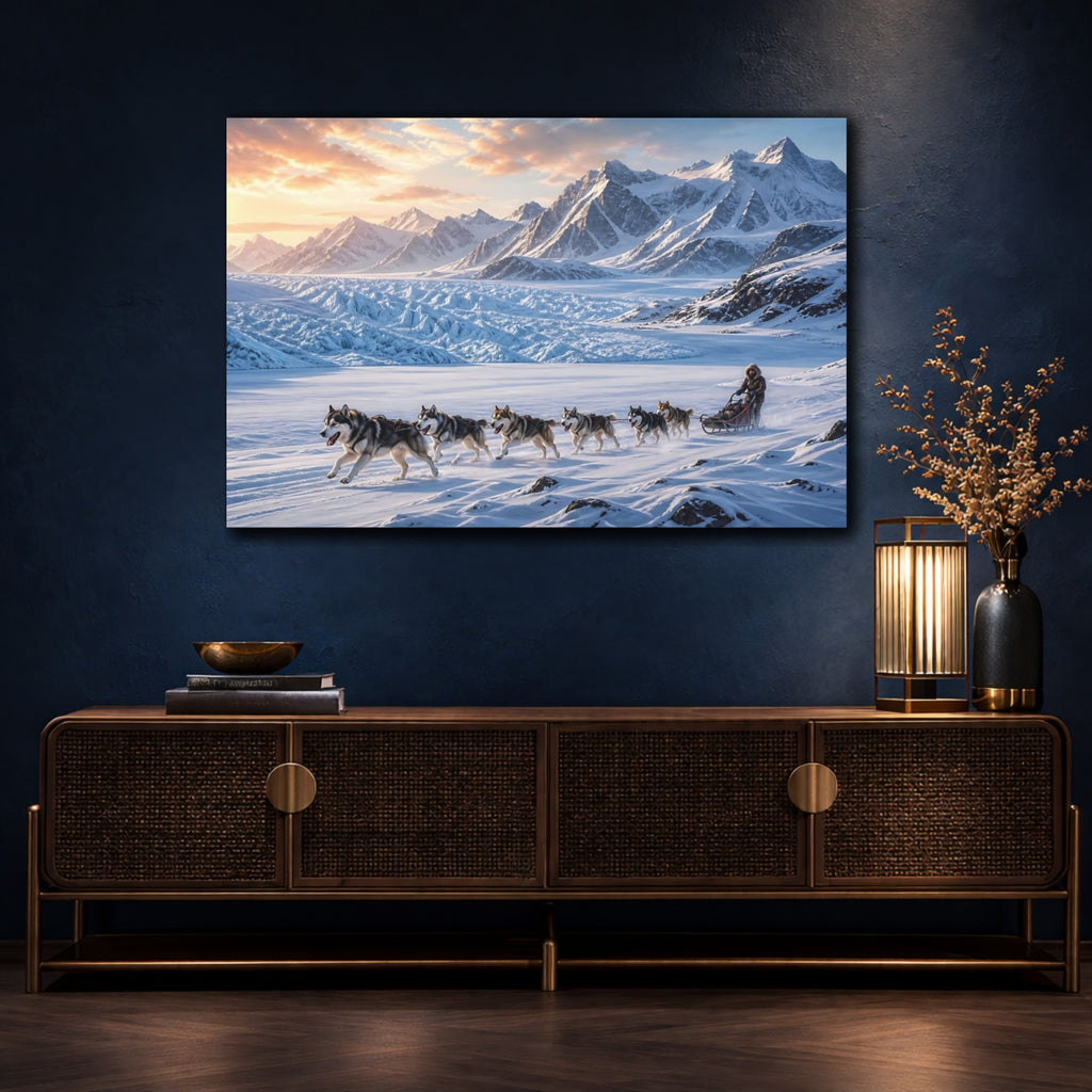 Mockup 4. Nature Sled Dogs Blue And Orange shown as stretched canvas wall art