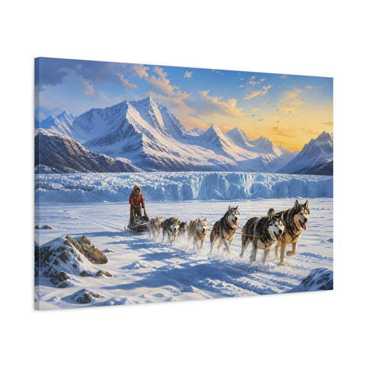 Main Mockup. Nature Sled Dogs Snowy Wilderness shown as stretched canvas wall art