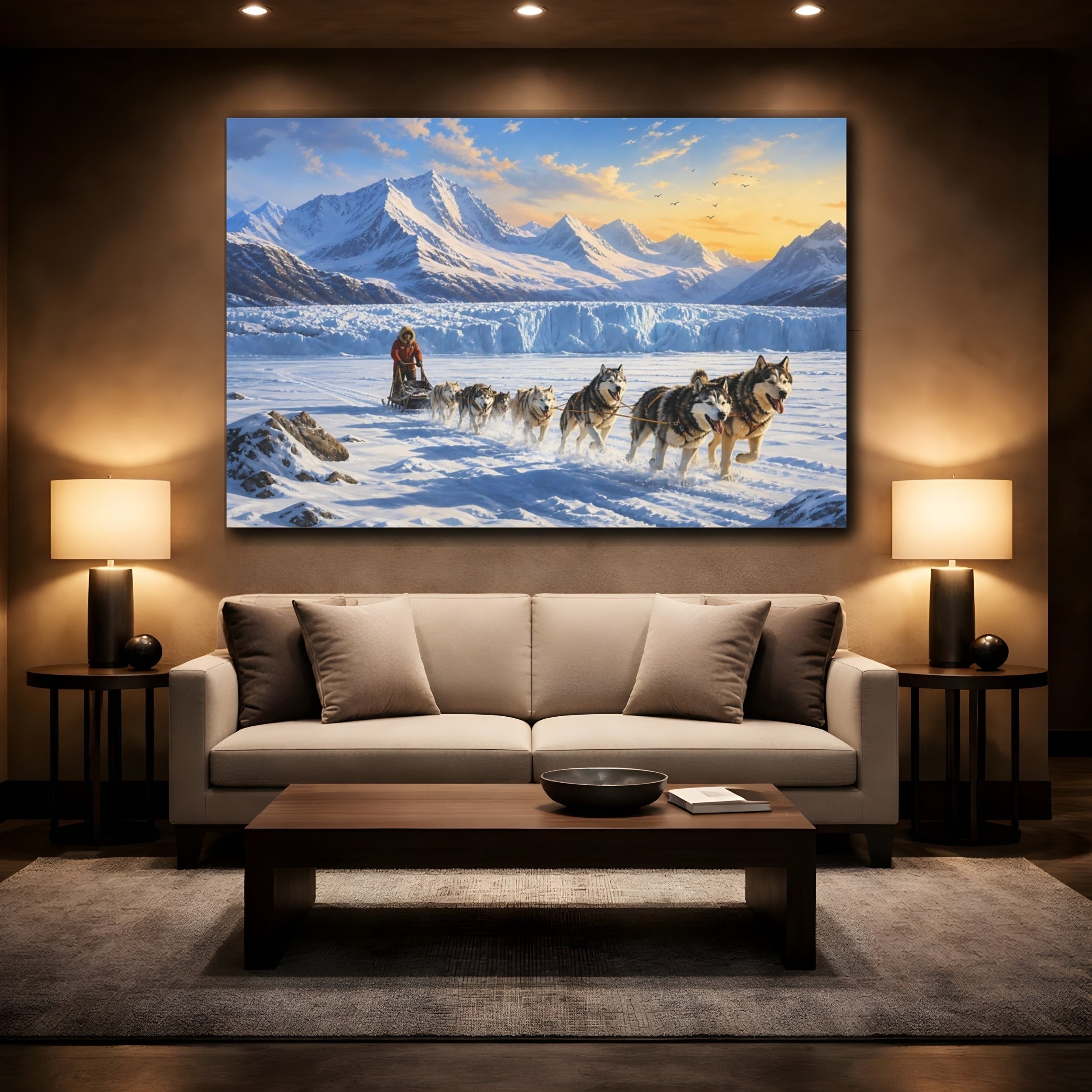 Mockup 2. Nature Sled Dogs Snowy Wilderness shown as stretched canvas wall art