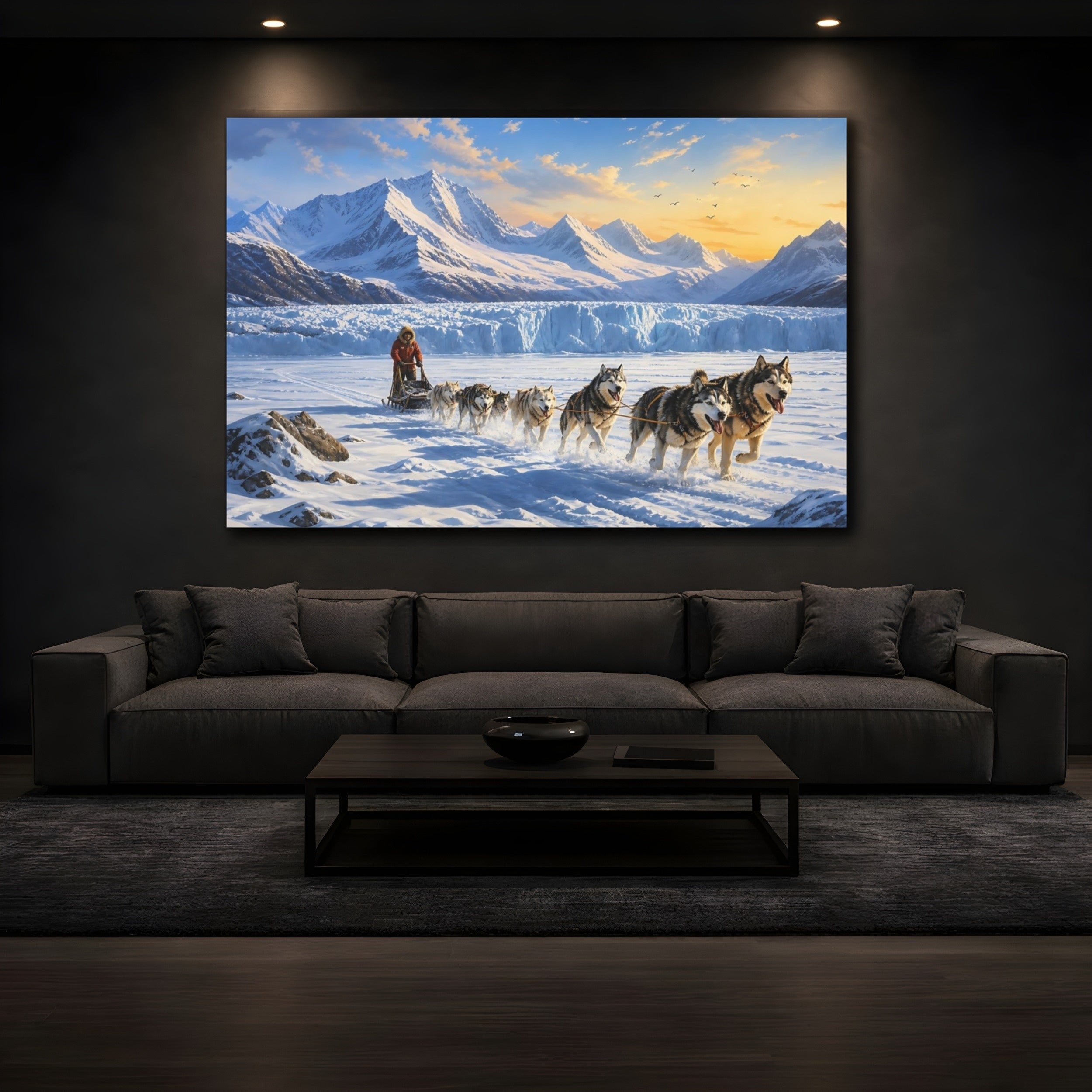 Mockup 3. Nature Sled Dogs Snowy Wilderness shown as stretched canvas wall art